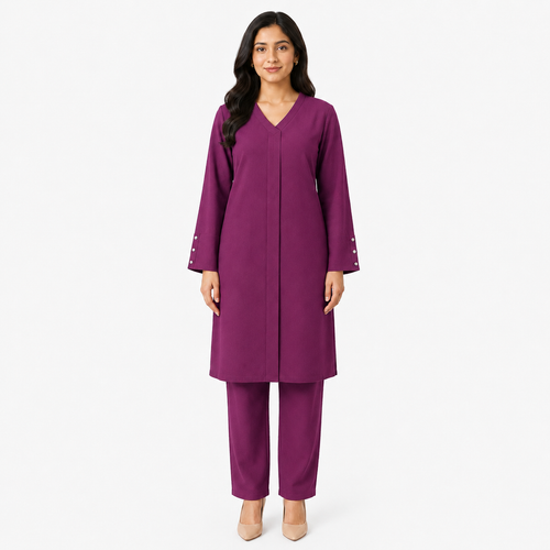 Berry Plum V-Neck Co-ord Set by Wear Samiya