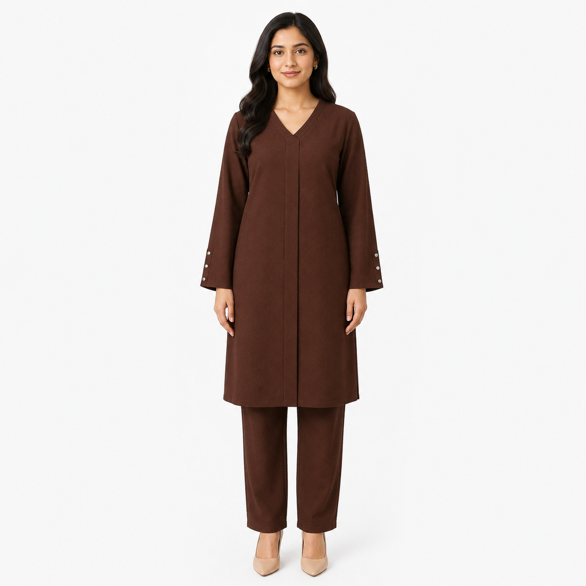 Chocolate Brown V-Neck Co-ord Set by Wear Samiya