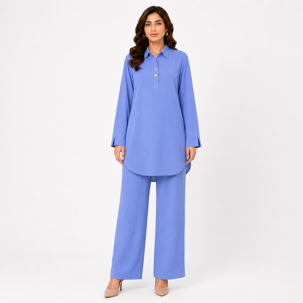 Periwinkle Blue Placket Co-ord Set by Wear Samiya