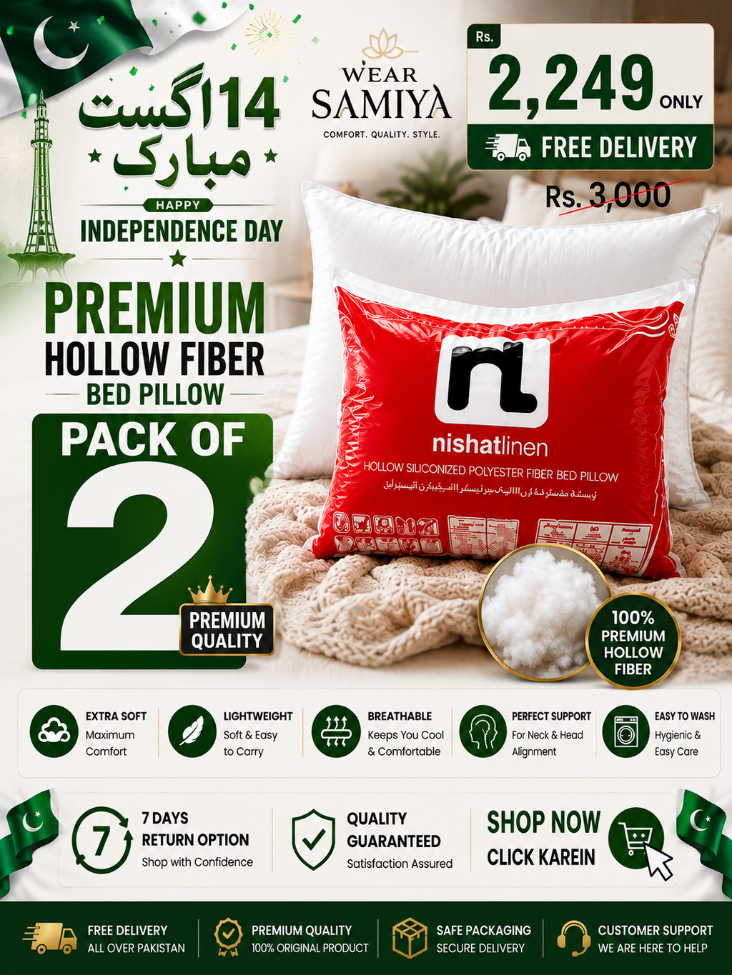 Premium Hollow Fiber Bed Pillow Set – Pack of 2 | Azadi Sale