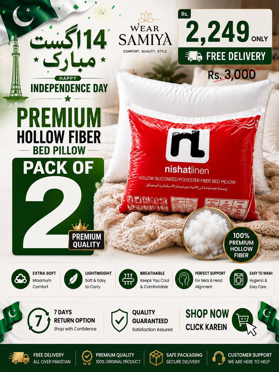 Premium Hollow Fiber Bed Pillow Set – Pack of 2 | Azadi Sale