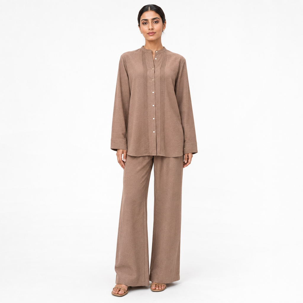 Mocha Taupe Bizu Pleated Co-ord Set by Wear Samiya